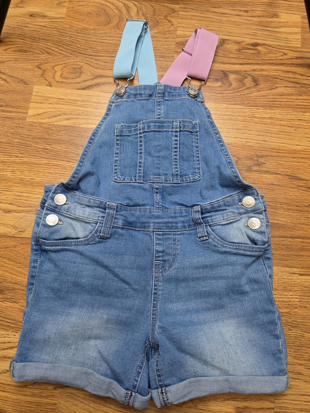 Vigoss Denim Short Overalls with Pink and Light Blue Straps